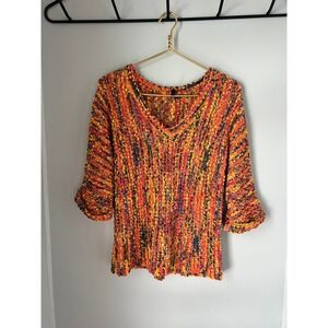 ETHYLIC Multicolor Textured Knit V Neck 3/4 Sleeve Sweater Top Women